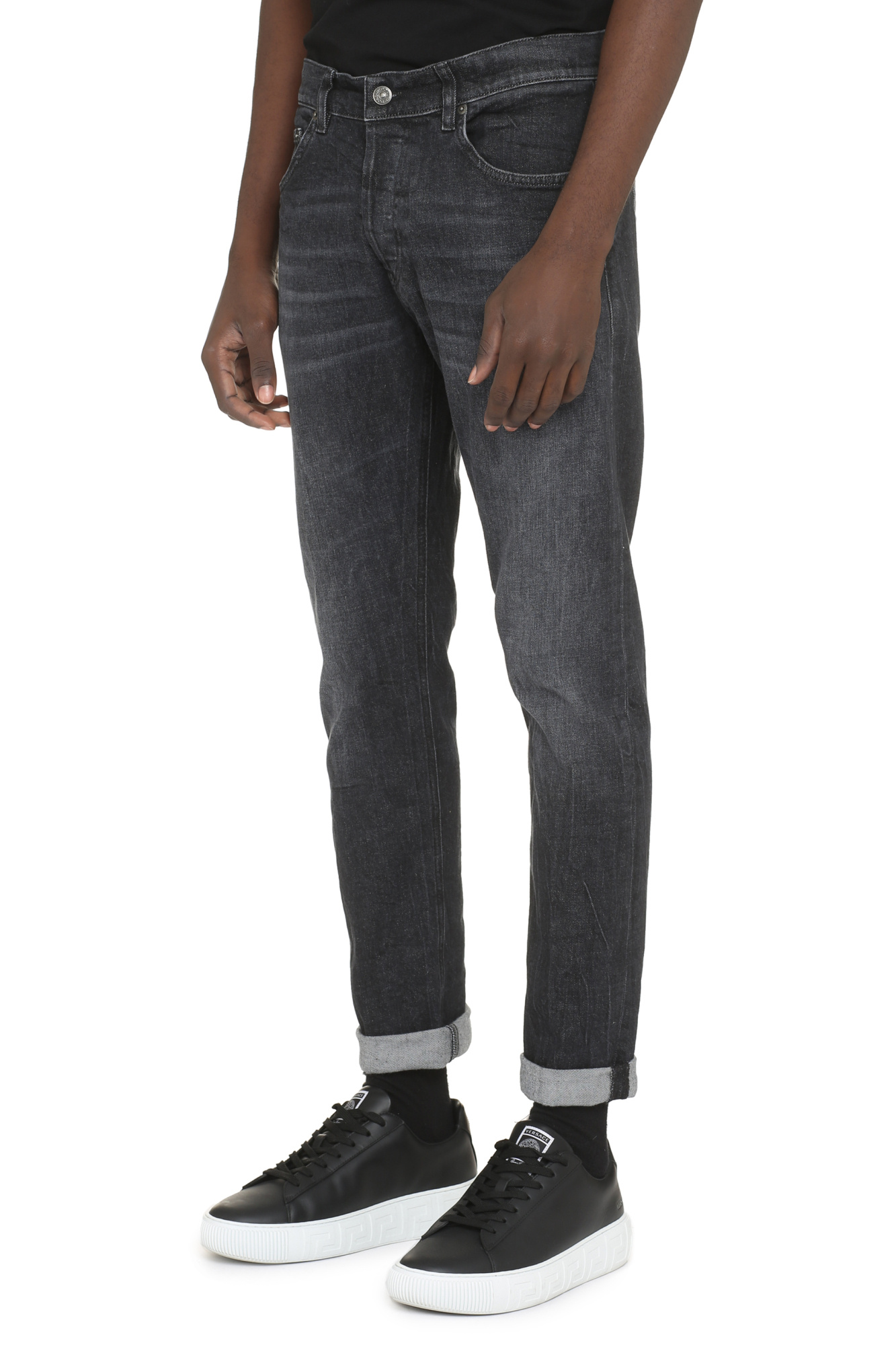Dondup Stretch Cotton Jeans Roll-up Cuffs In Black