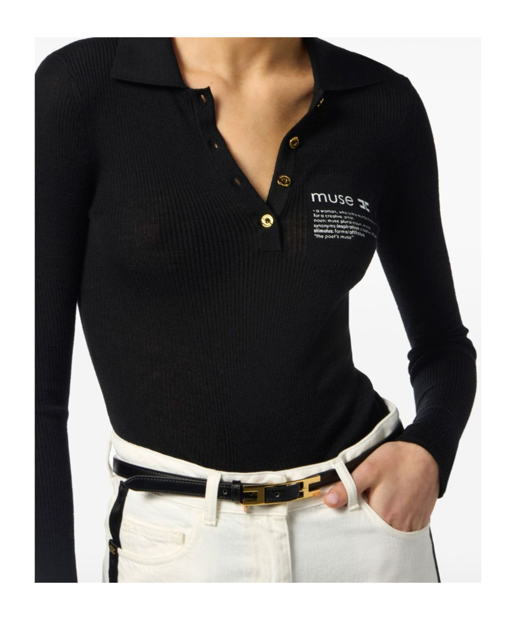 Elisabetta Franchi Collared Top With Ribbed Texture And Sleeves In Black