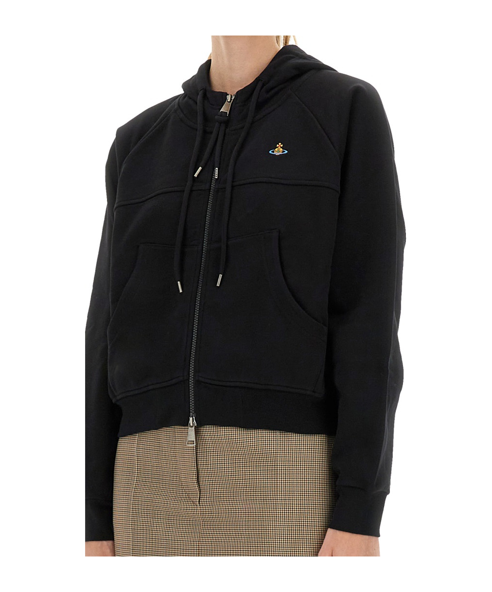Vivienne Westwood Cropped Black Hoodie With Zipper Closure And Ribbed Details In Brown