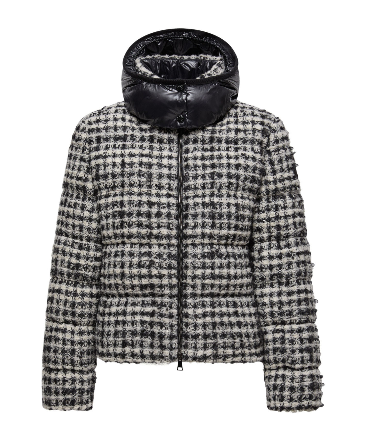 Moncler Andronne Tweed Hooded Short Down Jacket In Brown