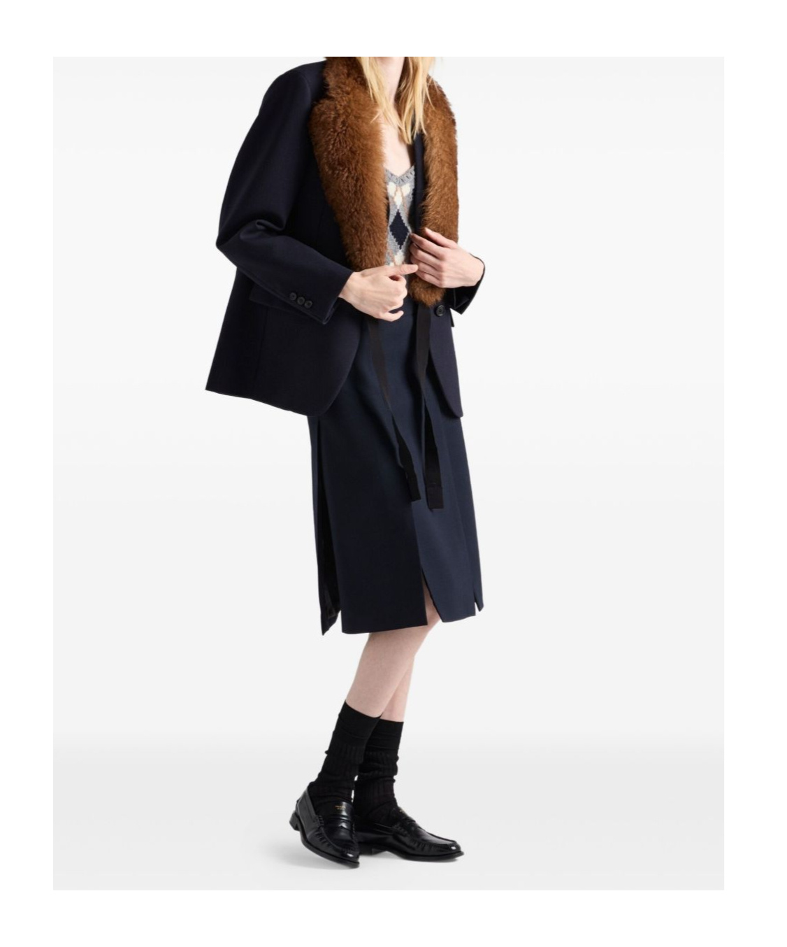 Prada Midi Skirt With Side Slit And Pleats In Blue