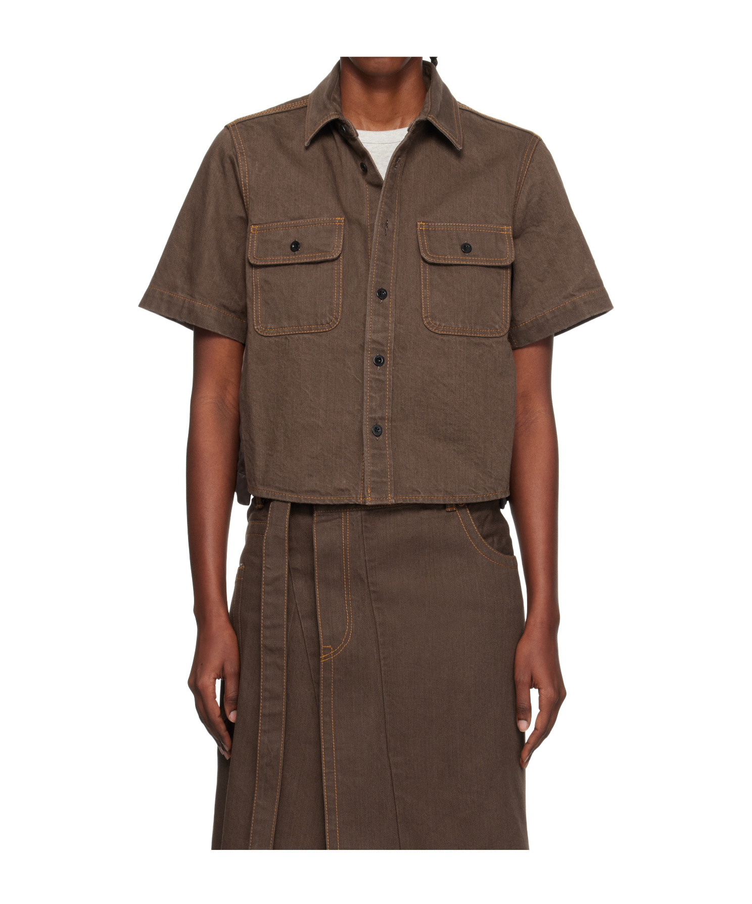 Sacai Lapel Short-sleeved Denim Jacket In Brown