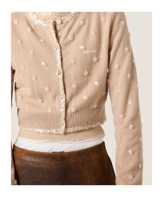 Miu Miu Embroidered Cashmere Cardigan In Neutral