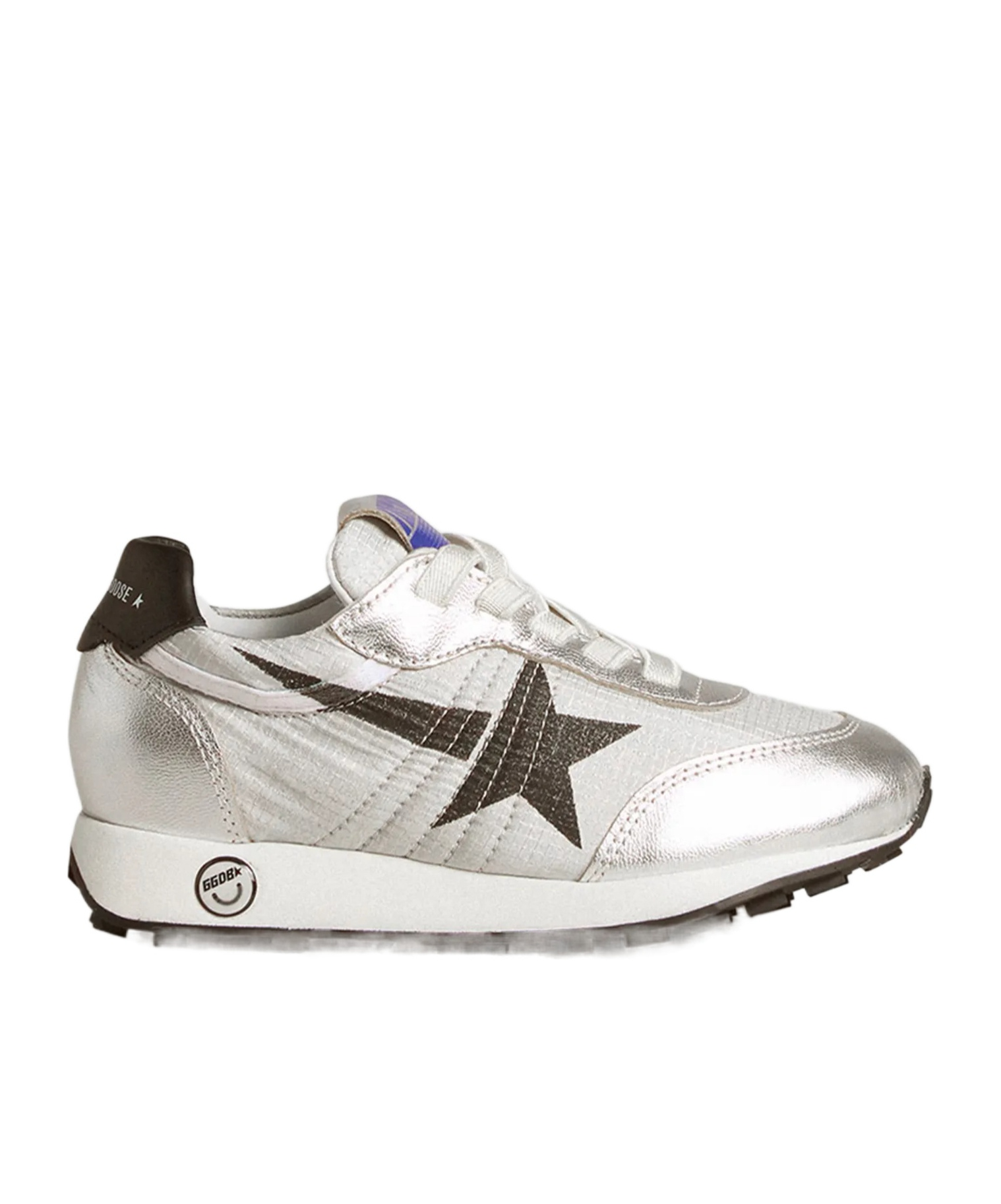 GOLDEN GOOSE MARATHON YOUNG IN SILVER NYLON WITH BLACK STAR AND LEATHER HEEL TAB