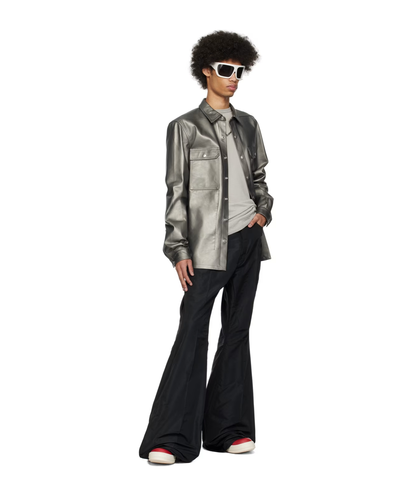 Rick Owens Metallic Leather Shirt Jacket In Black