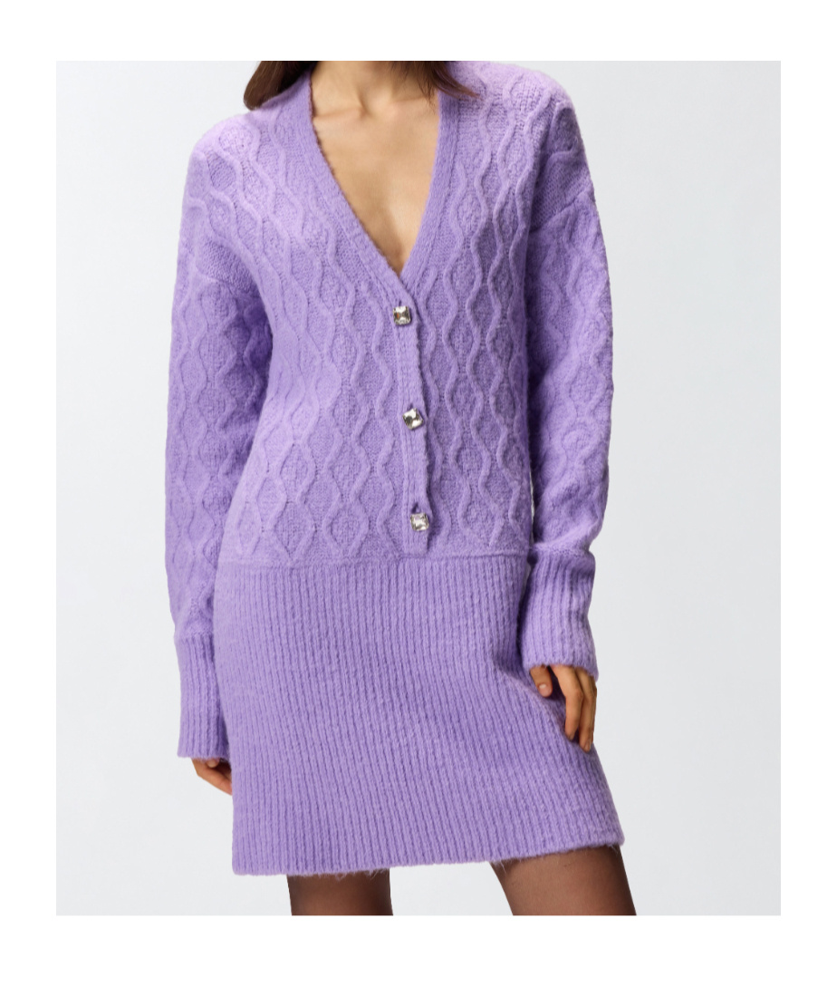 Pinko Knit Mini Dress With Cable Stitch And Jewel Buttons In Purple