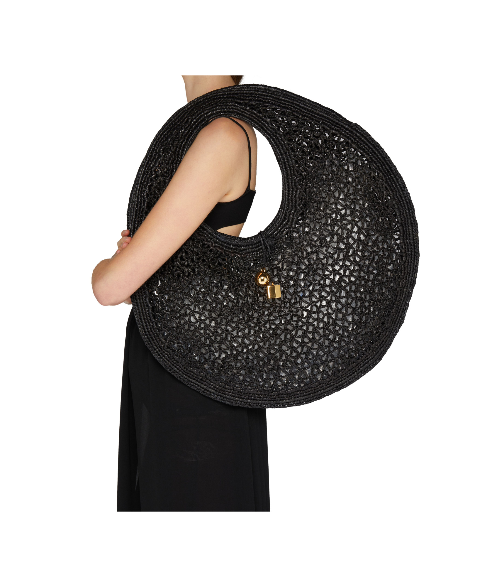 Jacquemus Le Rond Spiaggia Shoulder Bag In Raffia In Black