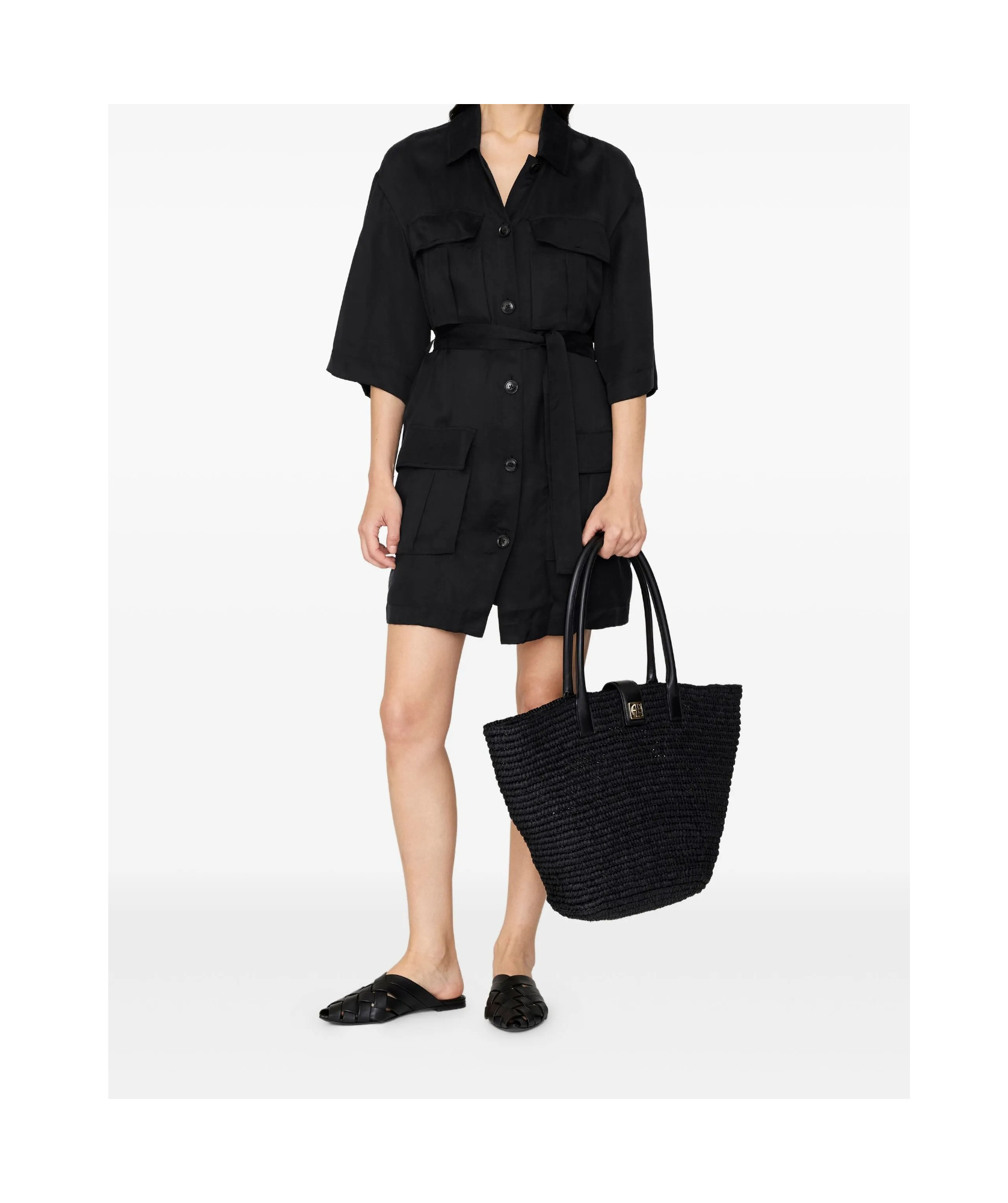 Anine Bing Geri Belted Cargo-pocket Dress In Black