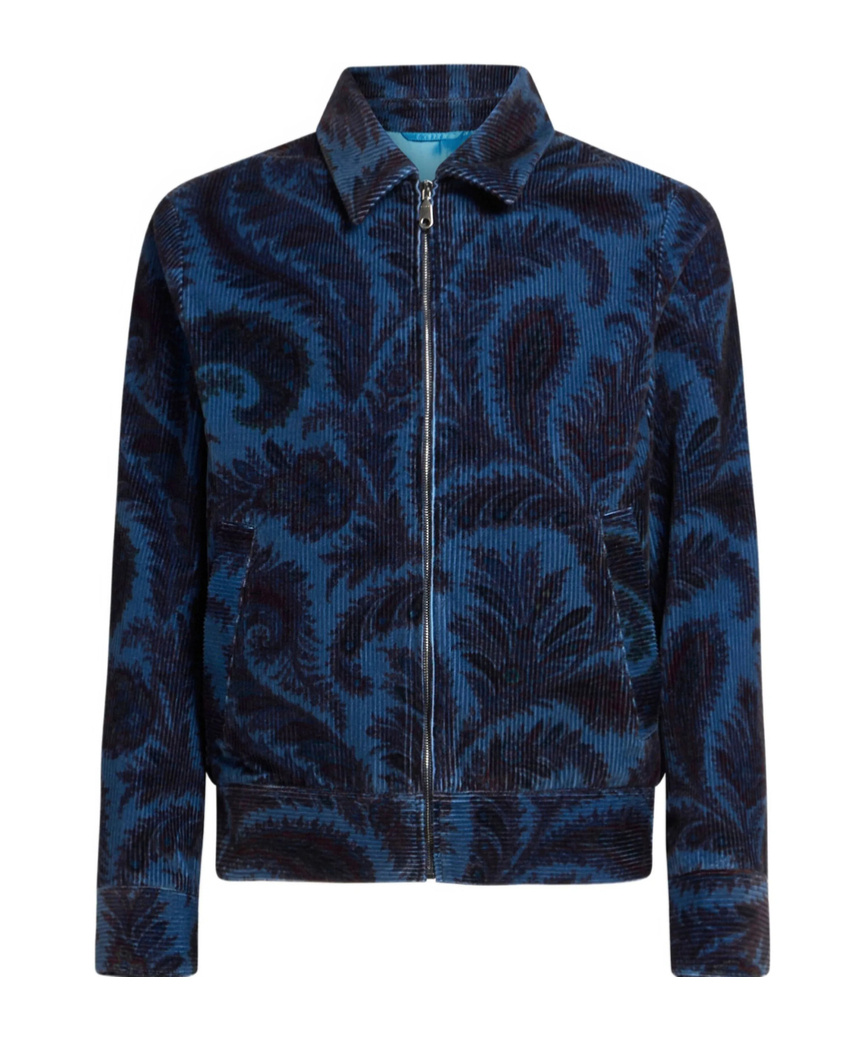 Etro Velvet Bomber Jacket With Print In Blue