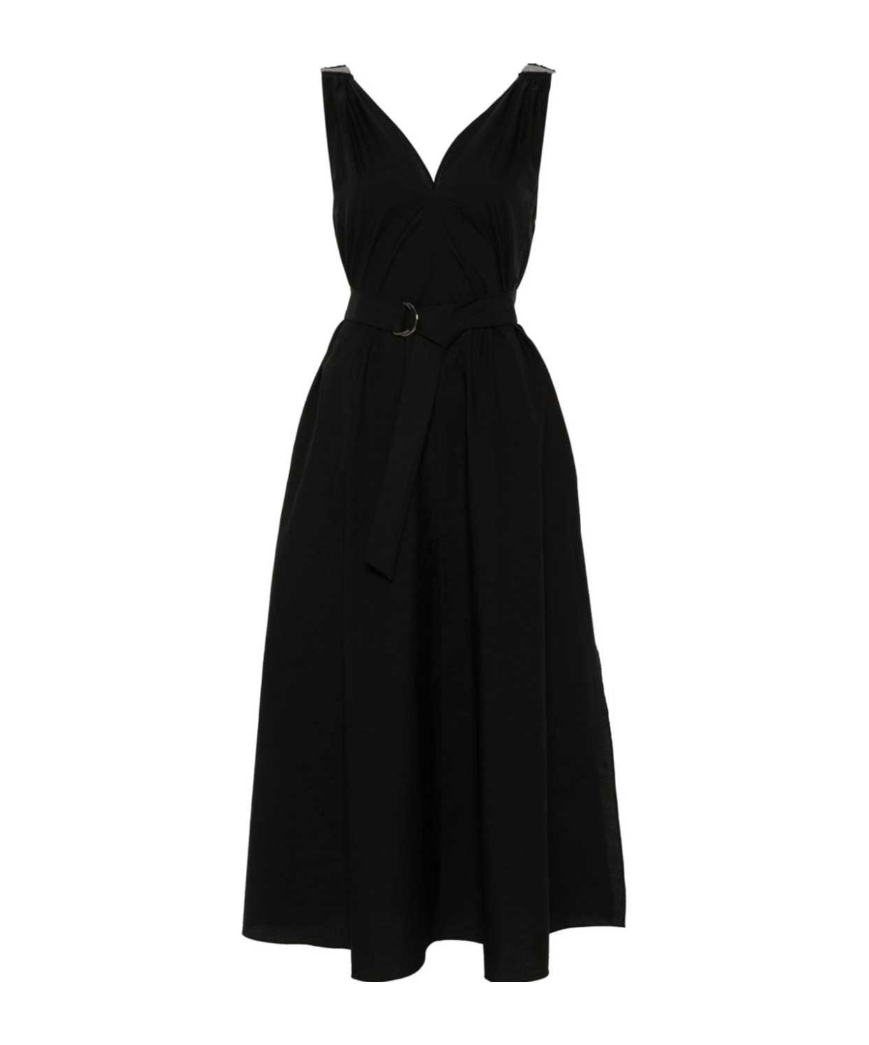 Brunello Cucinelli Women Techno Cotton Poplin Dress With Belt And Precious Shoulder Detail In Black
