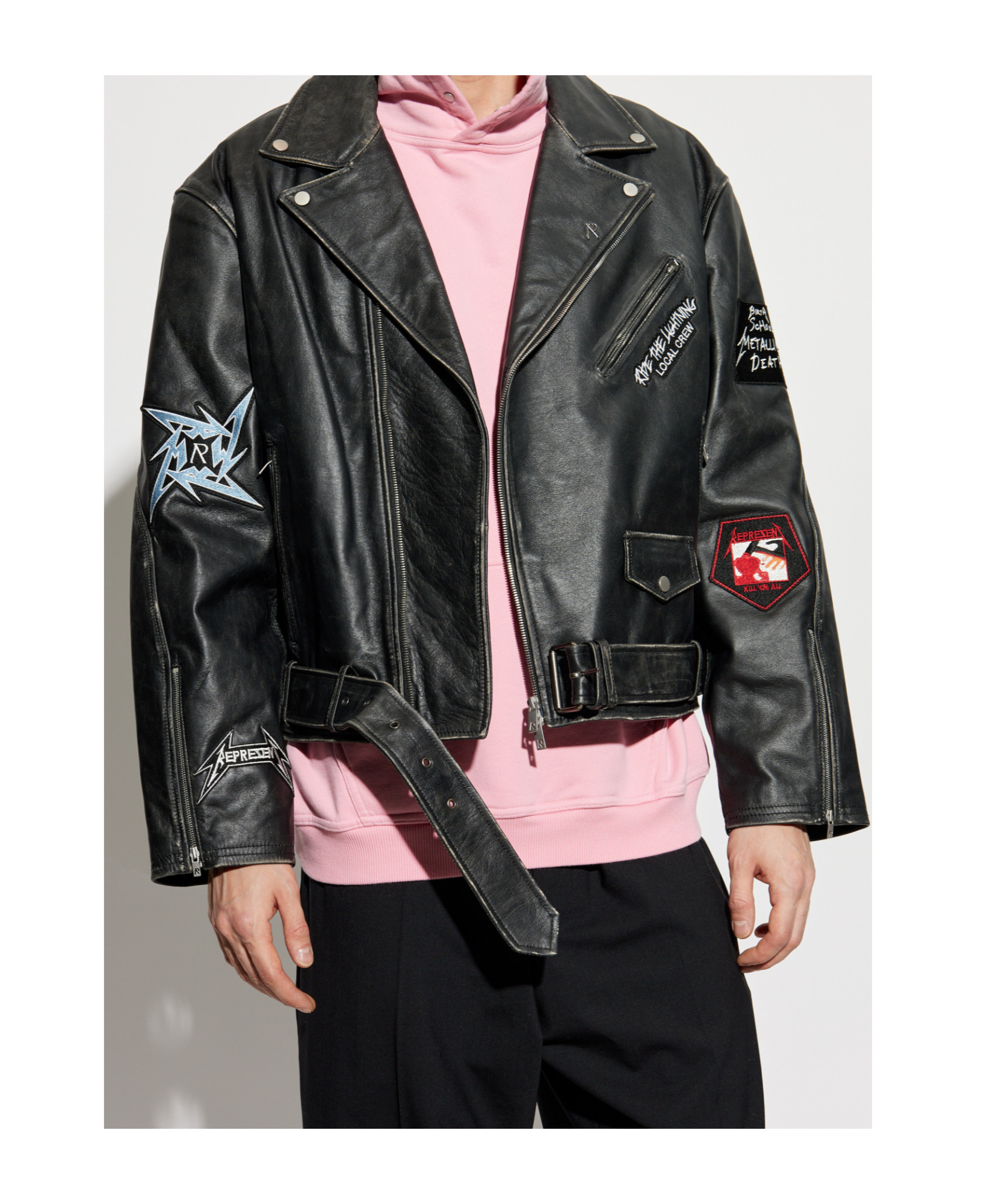 Represent Long-sleeved Leather Jacket In Black