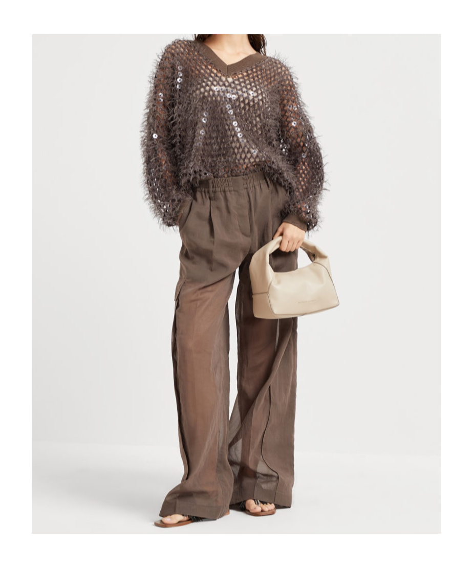 Brunello Cucinelli Chocolate Mesh Top With Sequins In Chocolate-colored