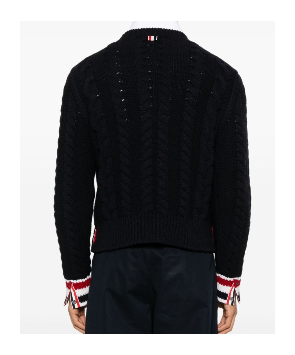 Thom Browne Rwb-stripe Cable-knit Sweater In Black