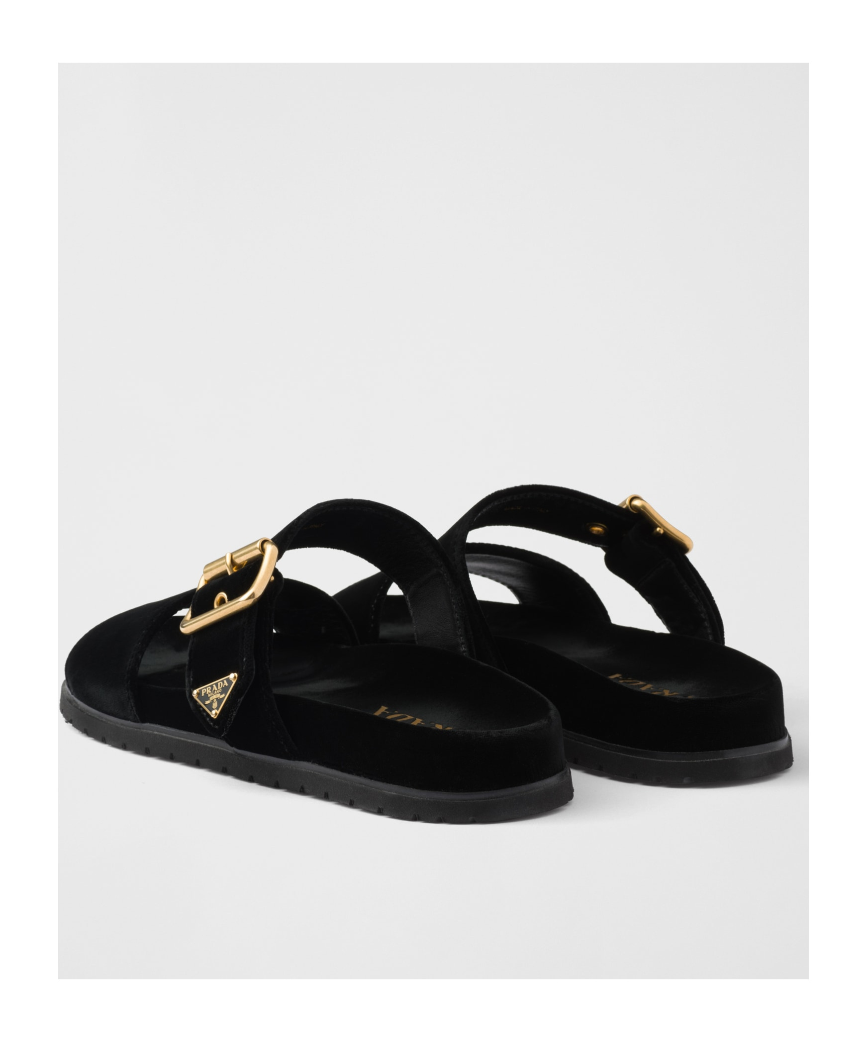 Prada Triangle Logo Velvet Flat Sandals In Black