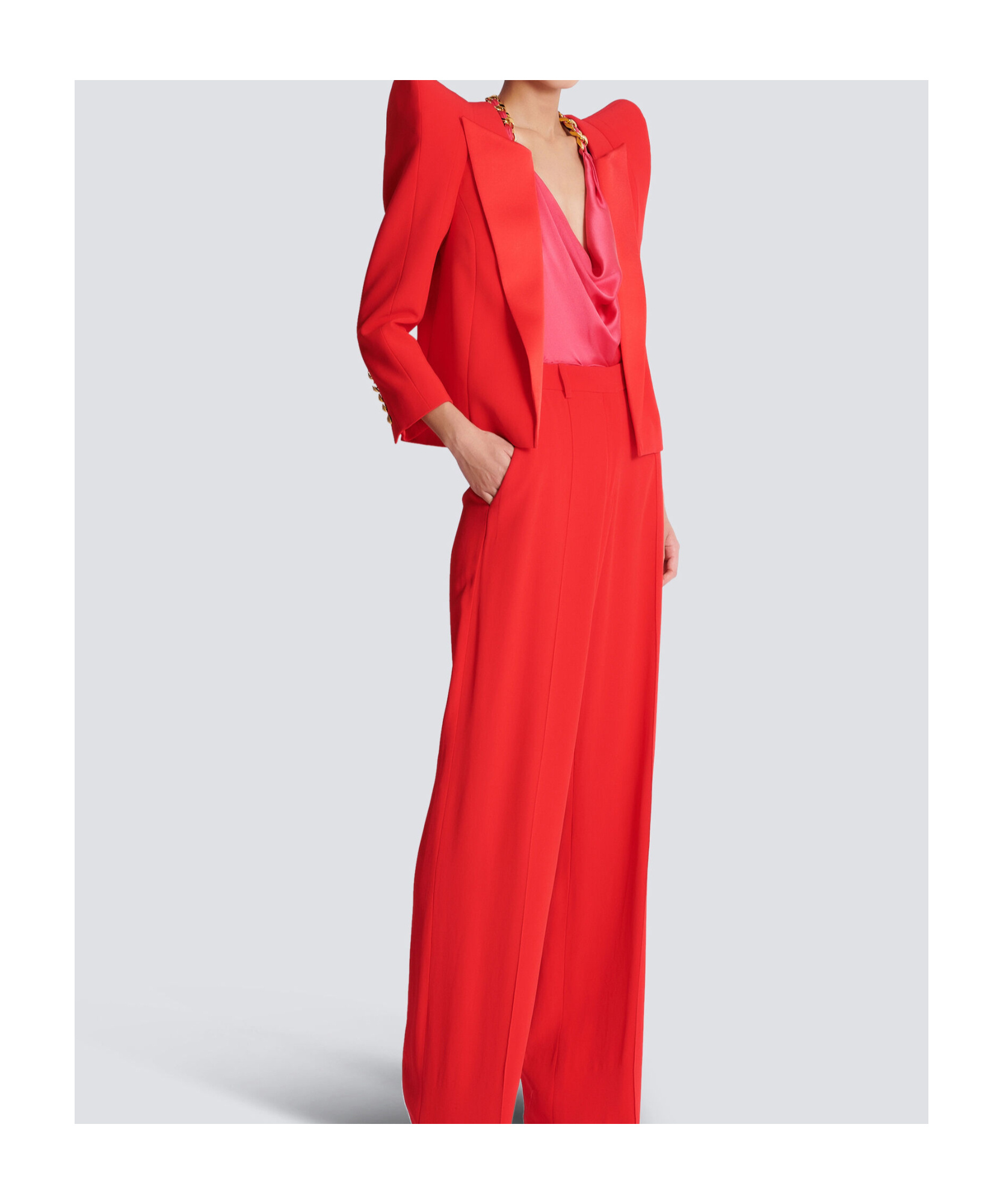 Shop Balmain Cropped Crepe Jacket With Structured Shoulders In Red