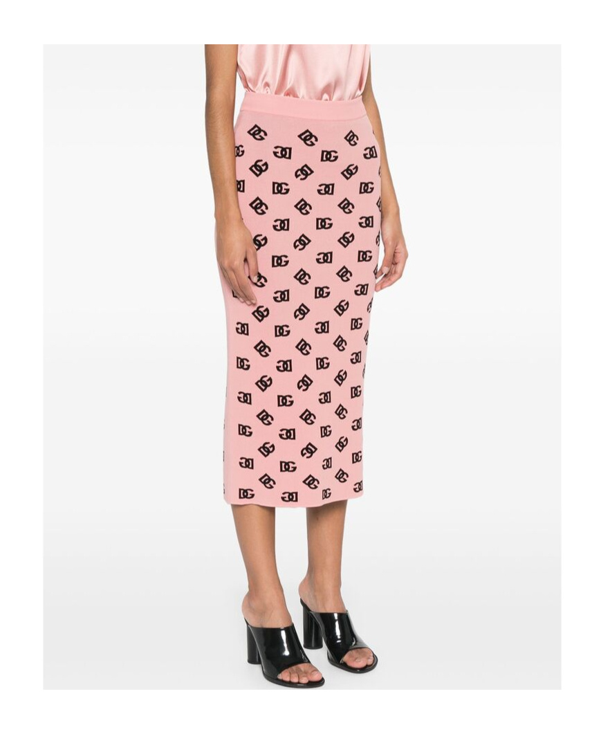 Dolce & Gabbana Pink Skirt With Pencil Design And All-over Printed Dg Logo In Viscose Blend Woman In Pink