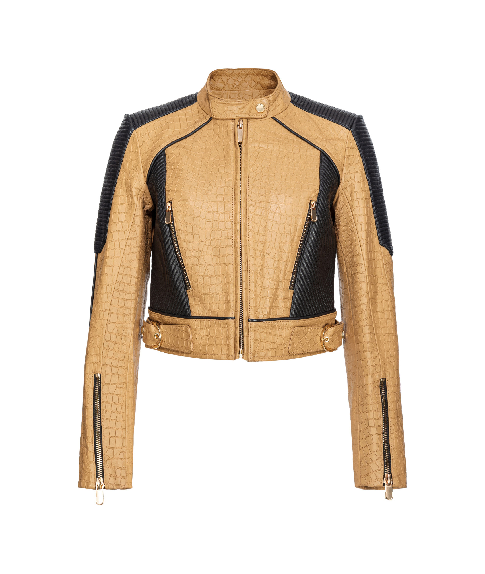 Pinko Croc-effect Cropped Leather Jacket In Nude