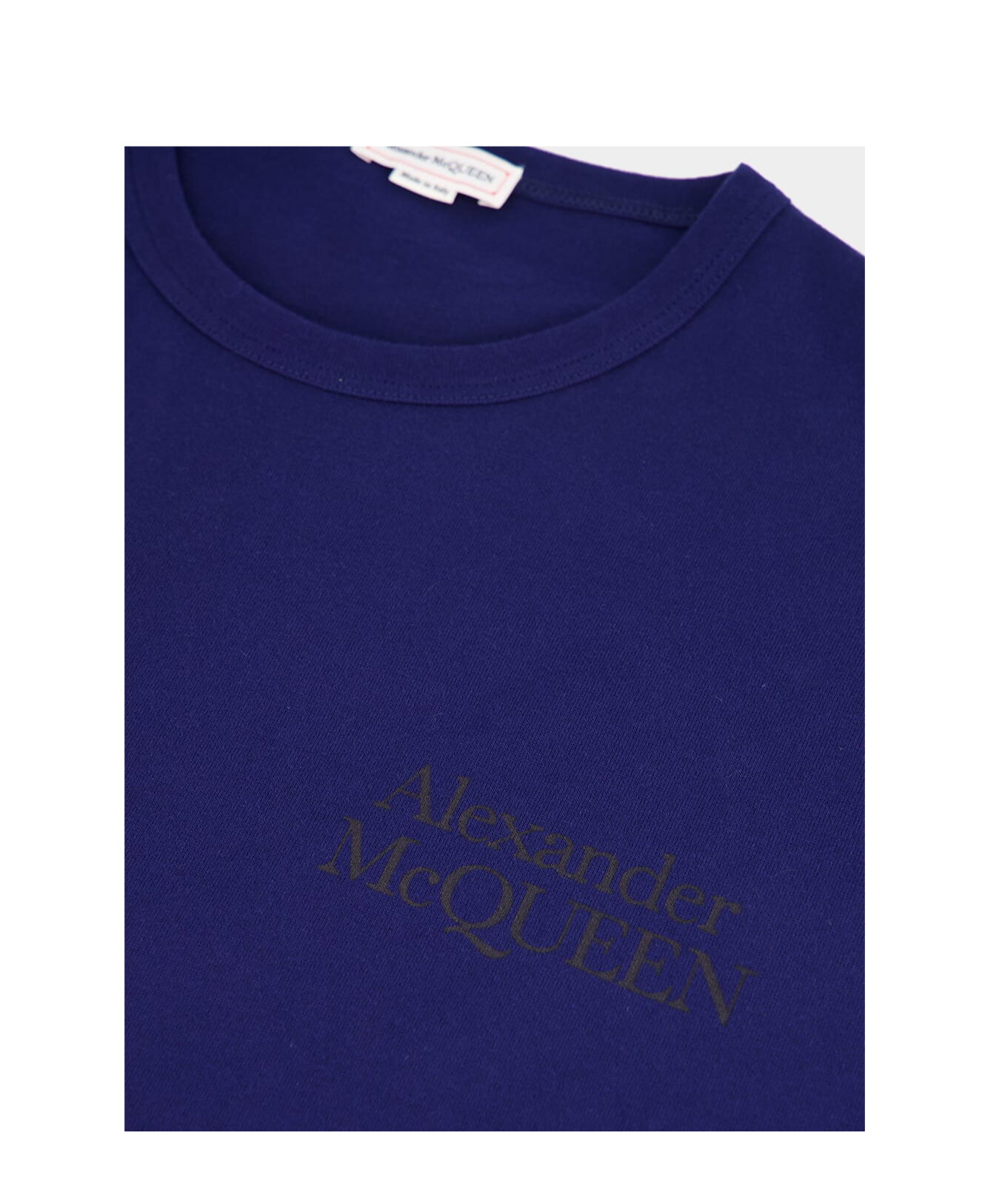 Alexander Mcqueen Solid Color Crew-neck T-shirt With Printed Logo In Blue