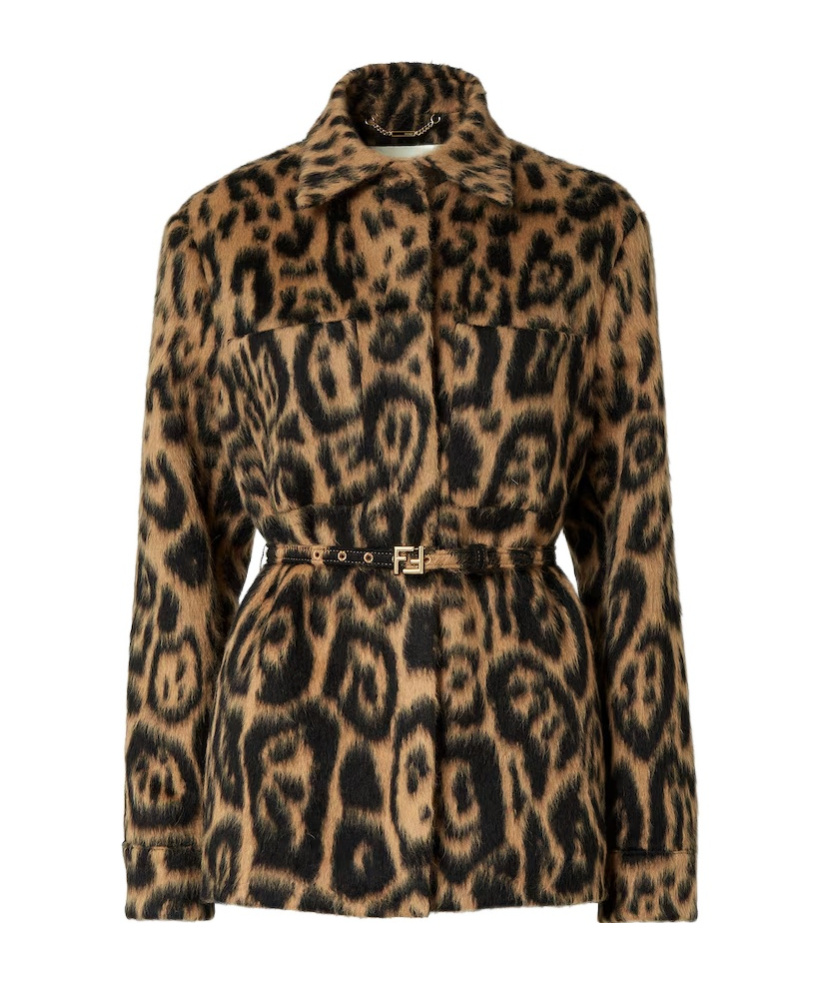 Fendi Go-to Jacket In Beige And Black Leo Wool In Animal Print