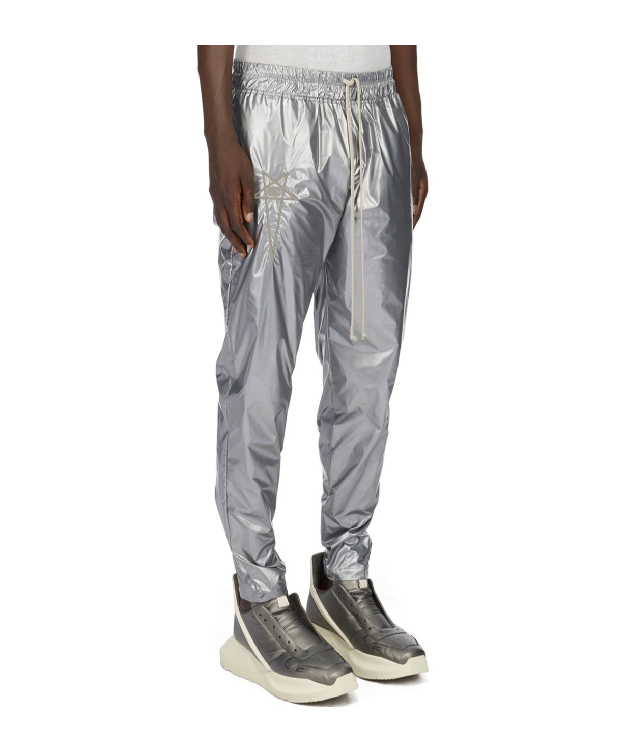 Rick Owens Logo-embroidered Metallic Track Pants In Gray
