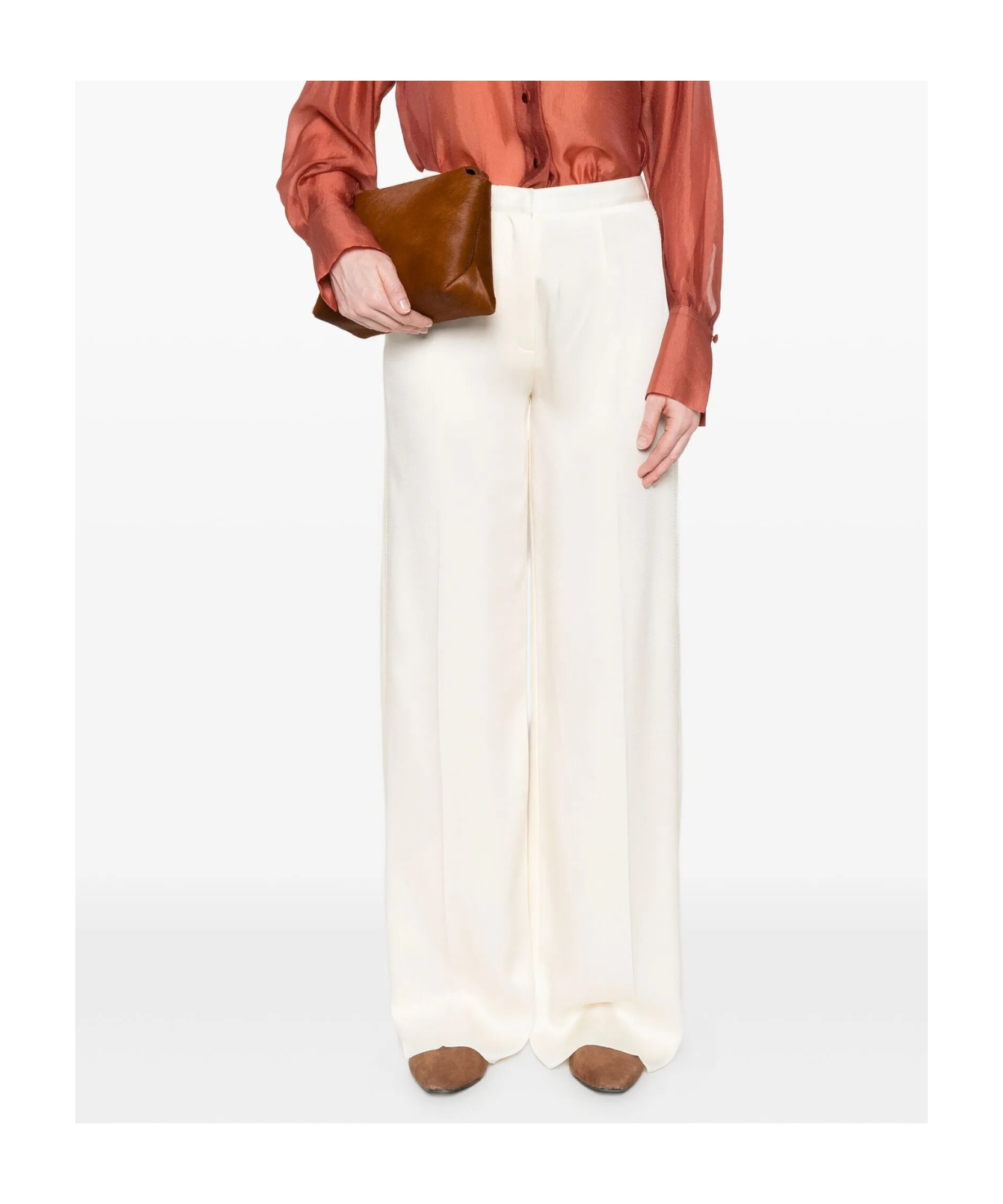 Forte Forte Shiny Anvers Satin High Waist Embroidered Pants In White