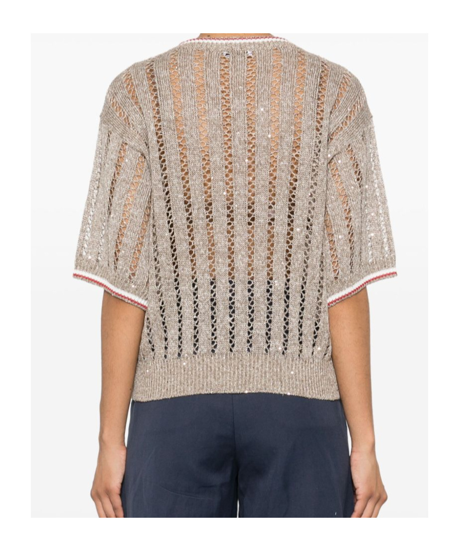 Brunello Cucinelli Crew Neck Short Sleeve Sweater In Nude