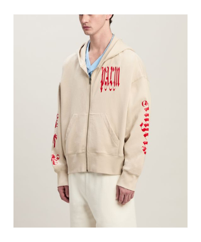 Palm Angels Gothic Logo-print Zipped Hoodie In Nude