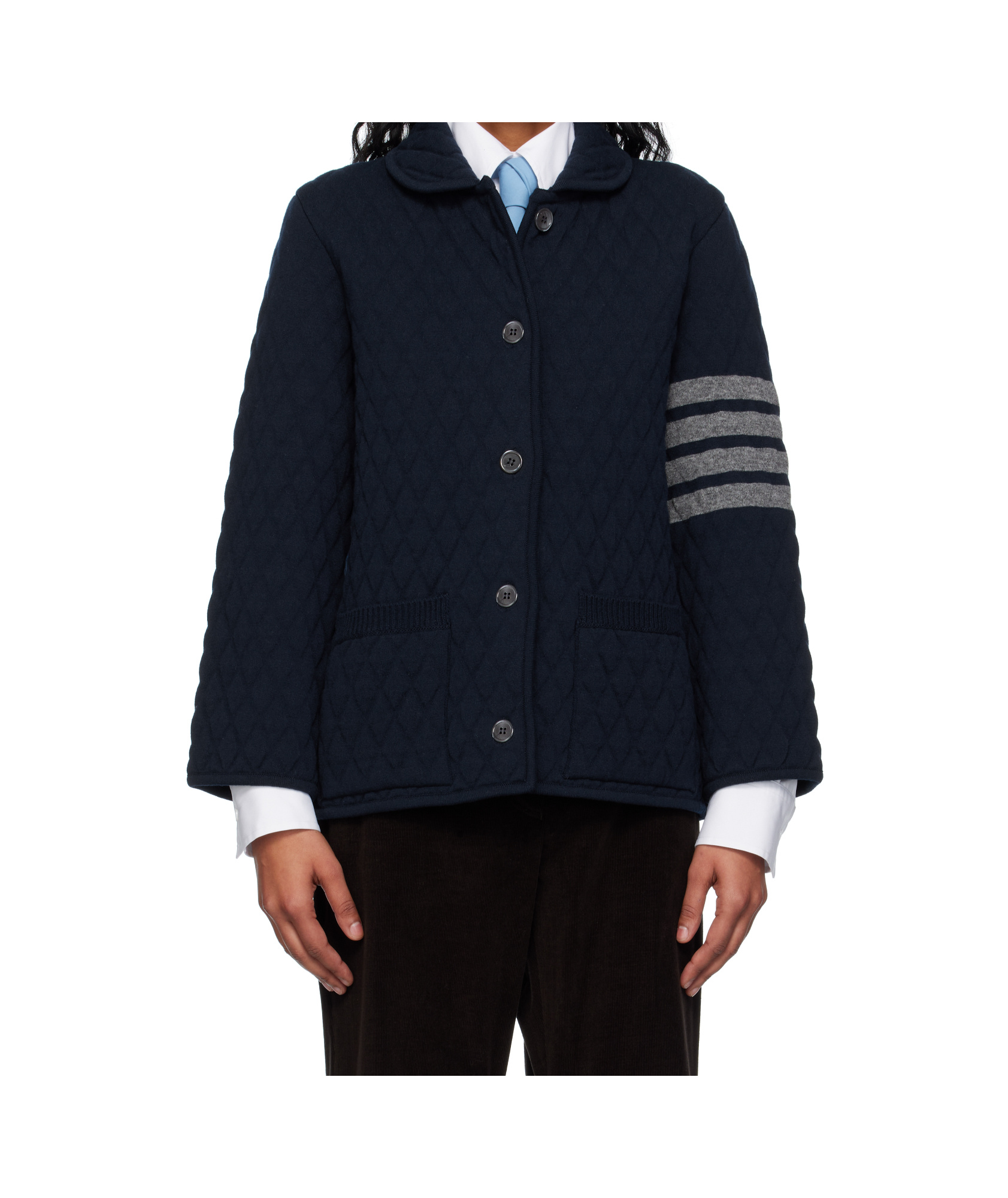 Thom Browne Navy Quilted Knit Merino Wool 4-bar Work Jacket In Blue