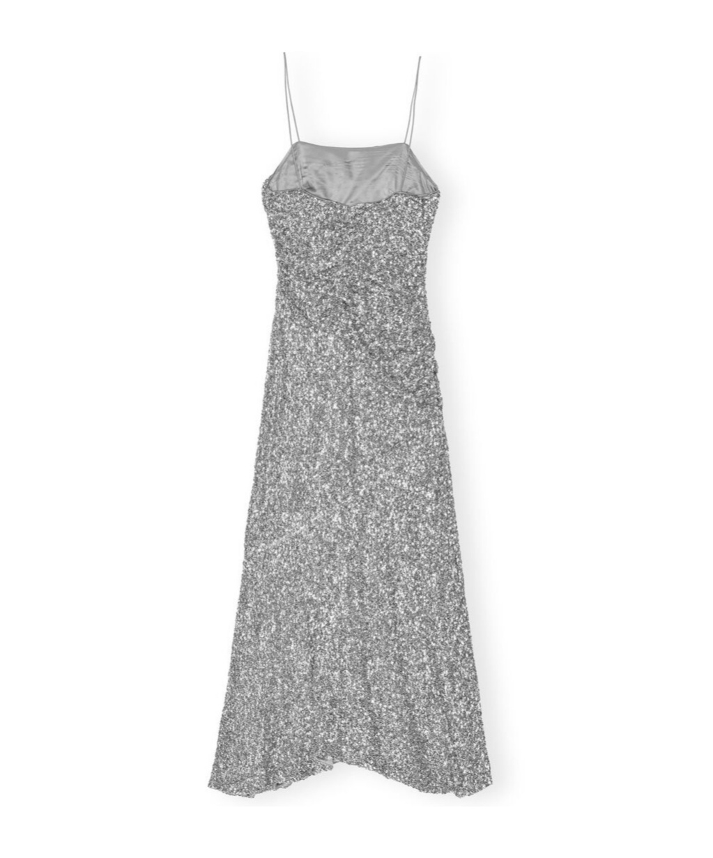 Ganni All-over Metallic Embellished Dress In Gray