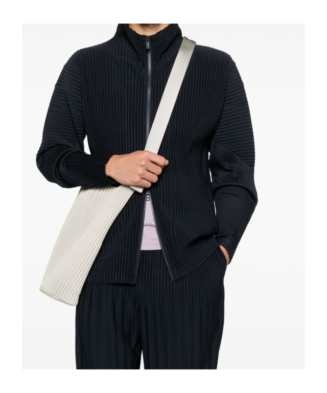 Issey Miyake Pleated Zipper Turtleneck Cardigan In Black