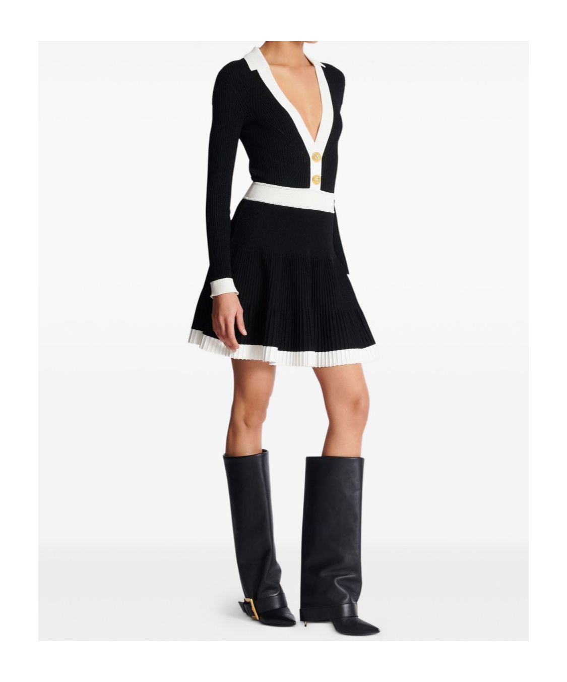 Balmain Colorblock Twisted Cable Long Sleeve Sweater Dress In Black