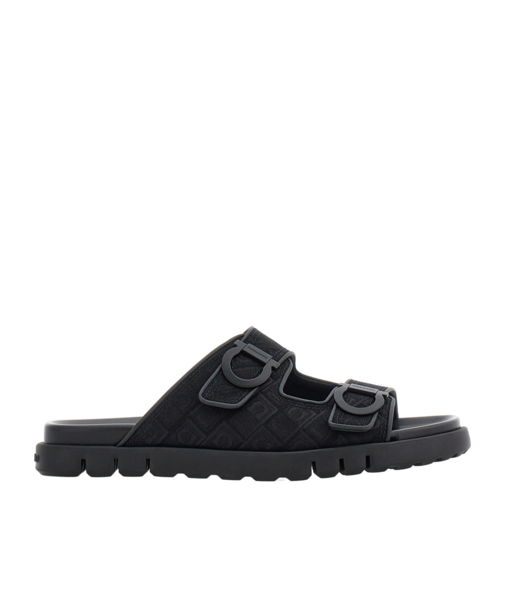Ferragamo Logo Double Strap Slippers In Black