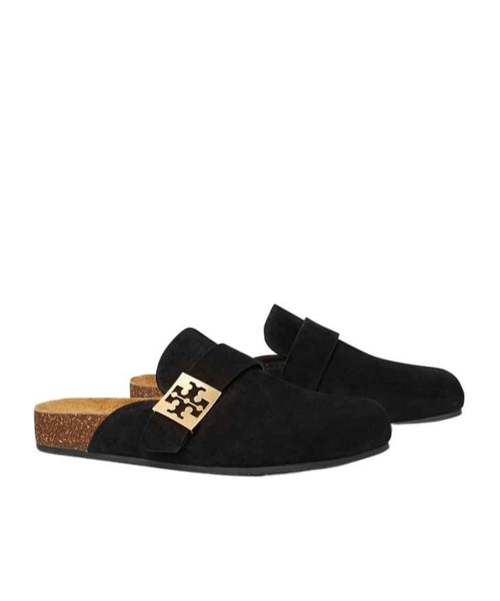 Tory Burch Mellow Suede Buckle Slide Mules In Black