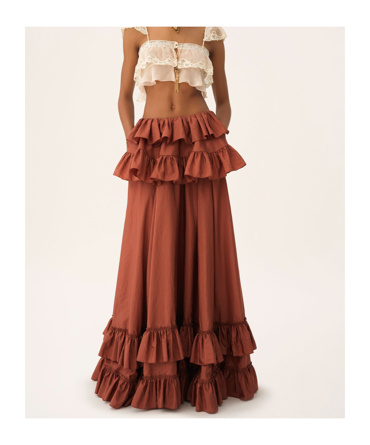 Chloé Ruffled Tiered Silk-taffeta Maxi Skirt In Brown