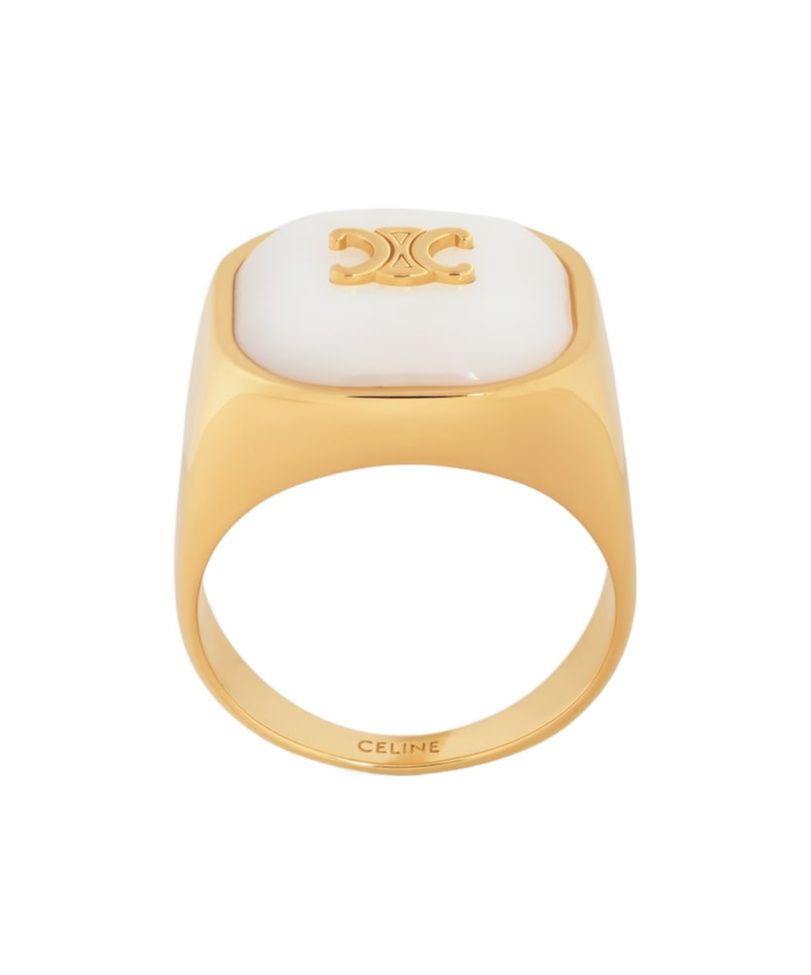 Celine Triomphe Signet Ring In Mother Of Pearl And Brass With Gold Finish In Multi