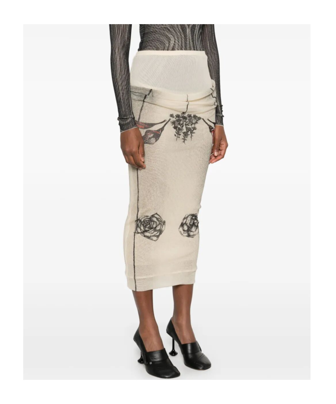 Jean Paul Gaultier Mesh Printed Double Layer Midi Skirt In Ecru Black Red
