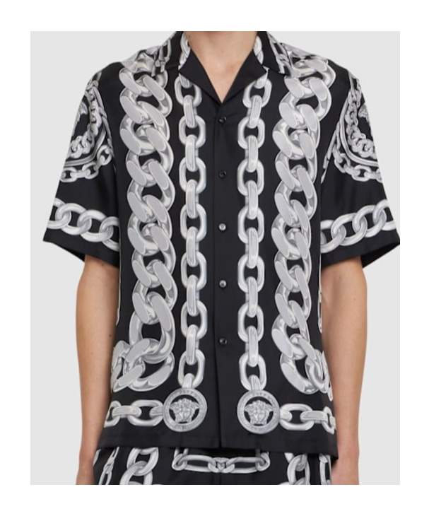Versace Black And White Bowling Shirt With Cuban Collar And All-over Chain-link Print In Silk Man