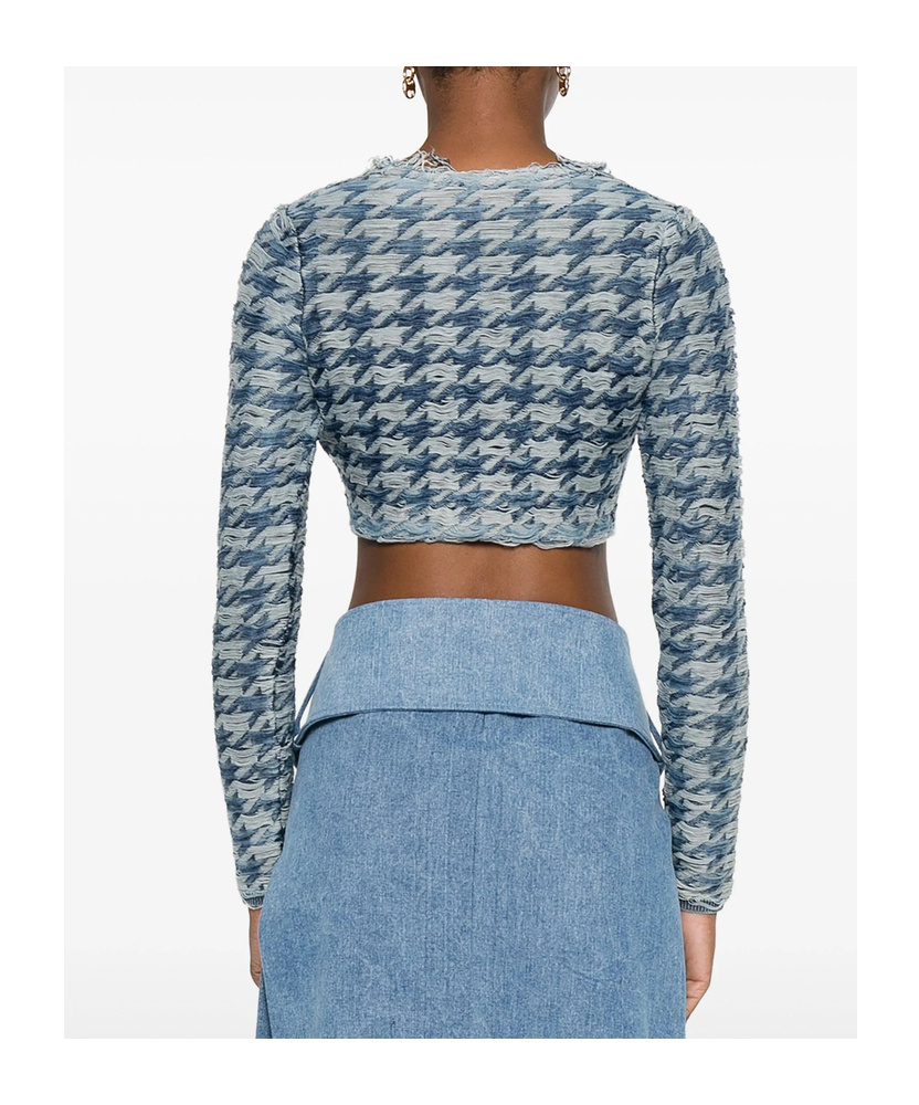 Diesel Long Sleeve Cropped Houndstooth Top In Blue