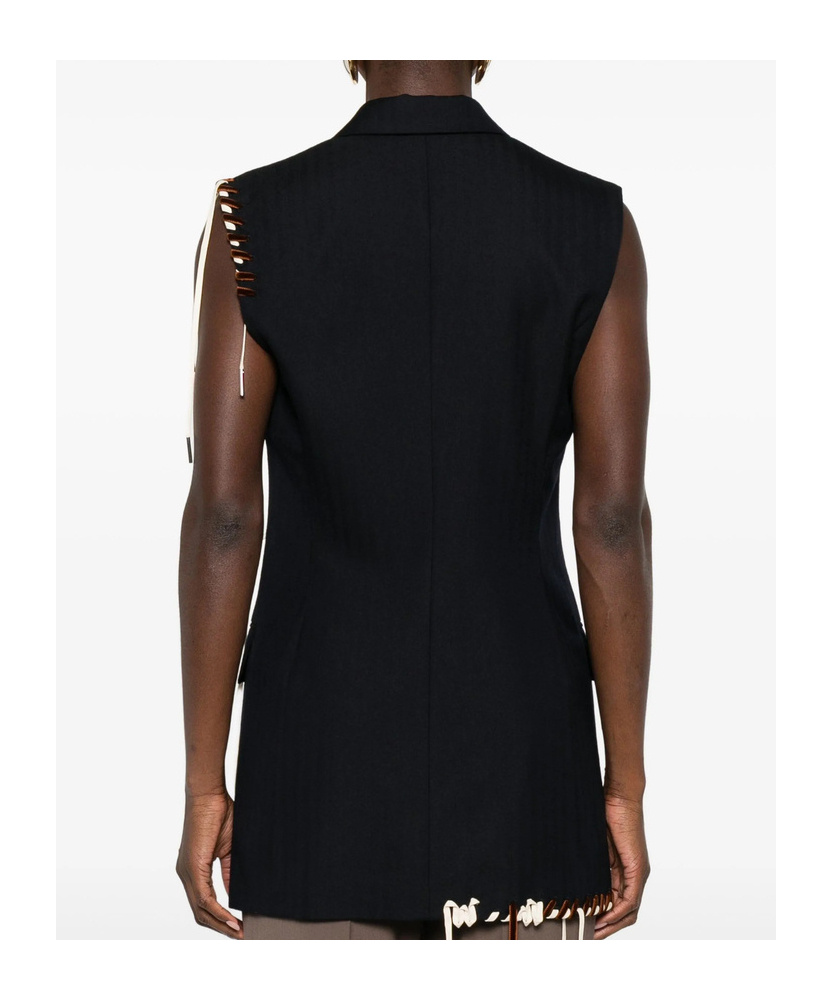 Dries Van Noten Sleeveless Wool Jacket With Contrasting Drawstring And Tailored Cut In Black