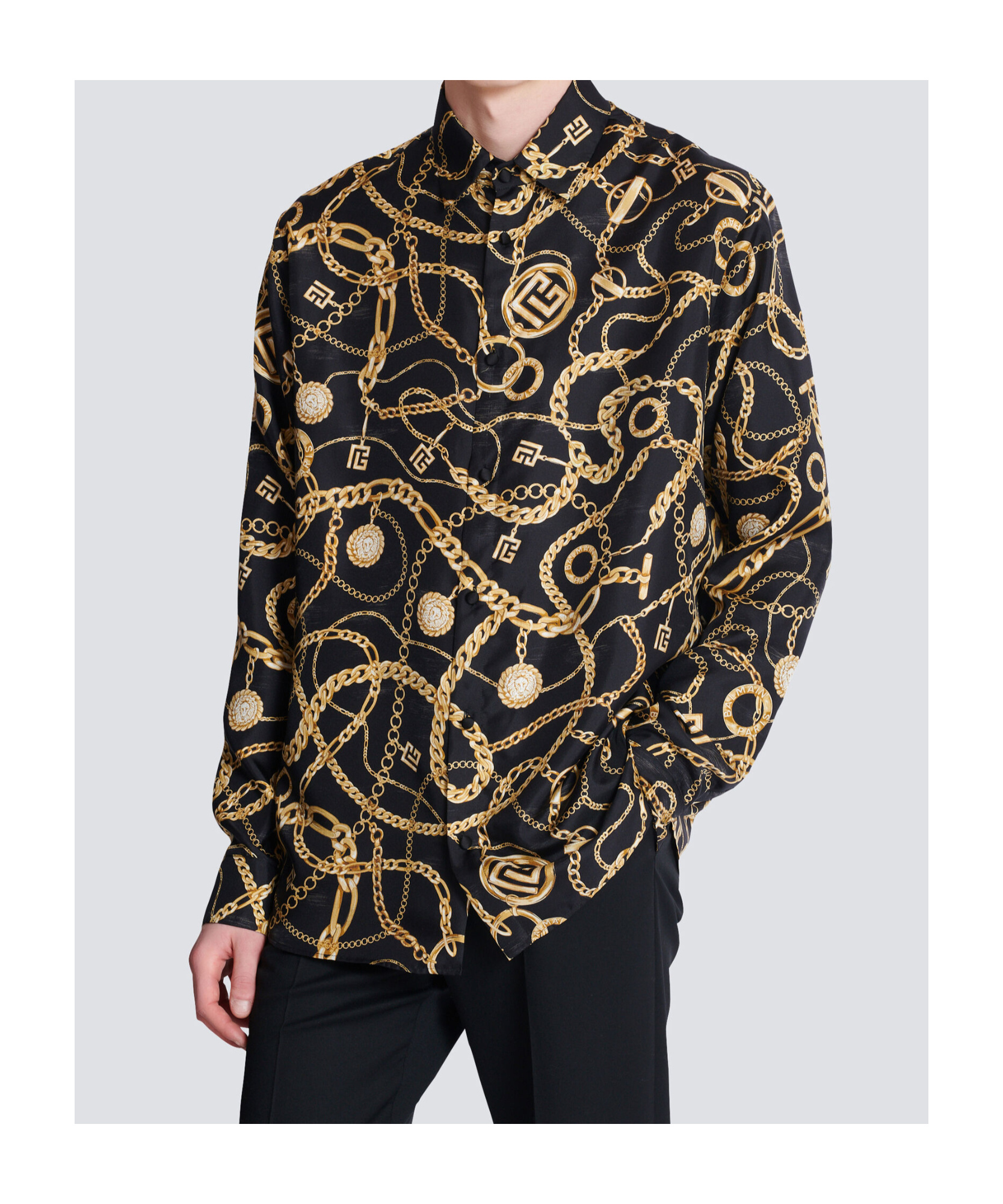 Balmain Black Shirt With Pointed Collar And Chain Print With Logo In Silk Man In Black