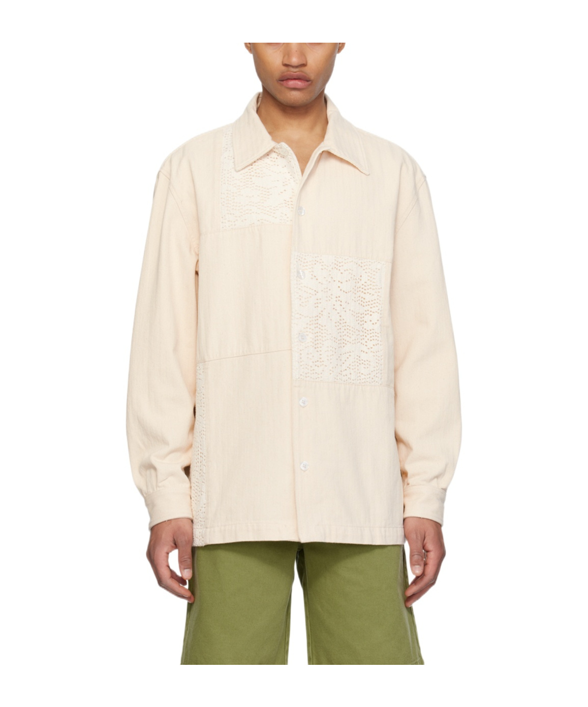 Drôle De Monsieur Herringbone Long-sleeved Shirt In White