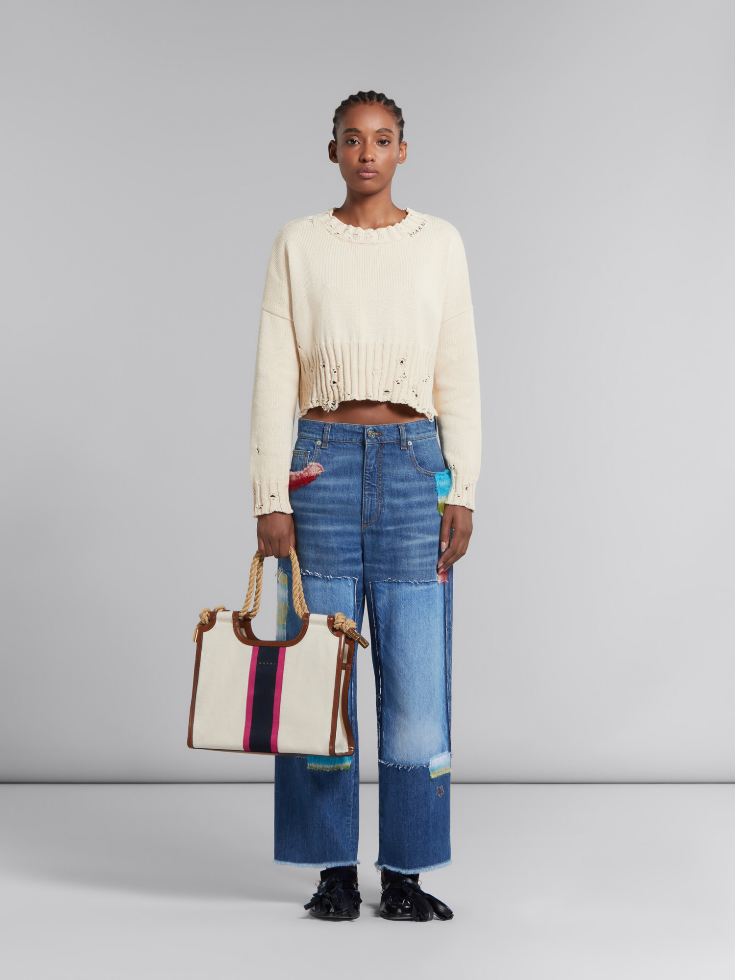 Shop Marni Cream Canvas Marcel Tote With Striped Tape In White