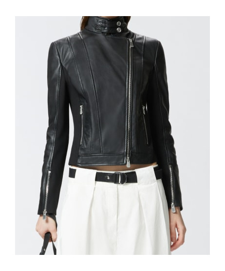 Pinko Blouson De Motard En Cuir Avec Dos En Tissu In Black