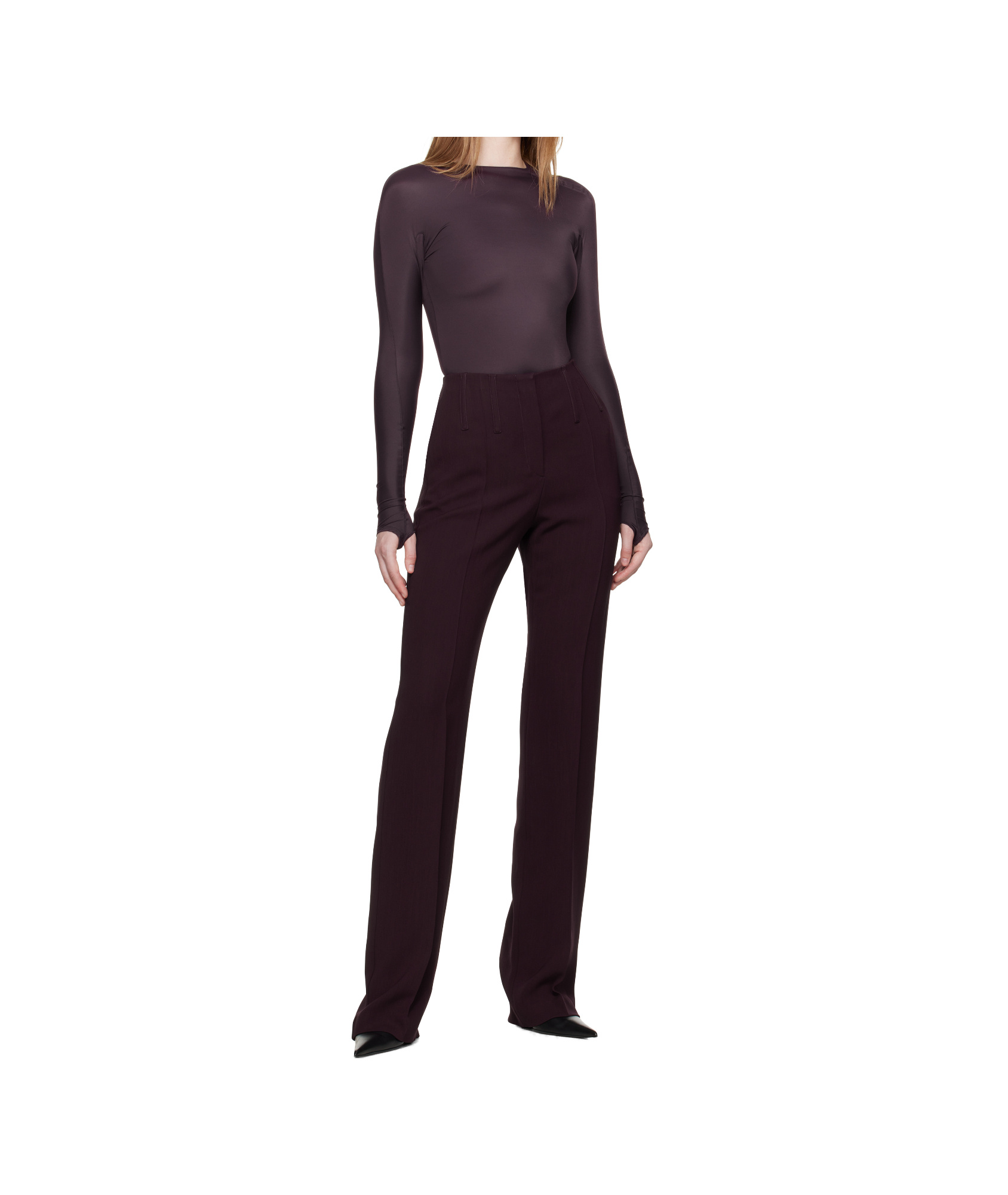 Mugler Embossed-logo Long-sleeve Bodysuit In Burgundy