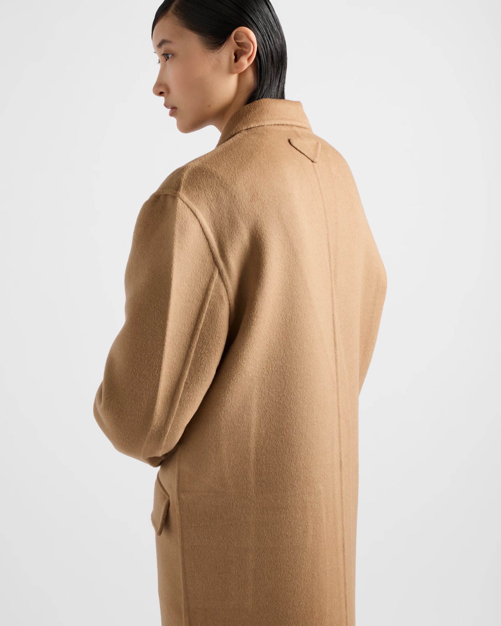 Prada Single-breasted Cashgora Coat In Camel Brown