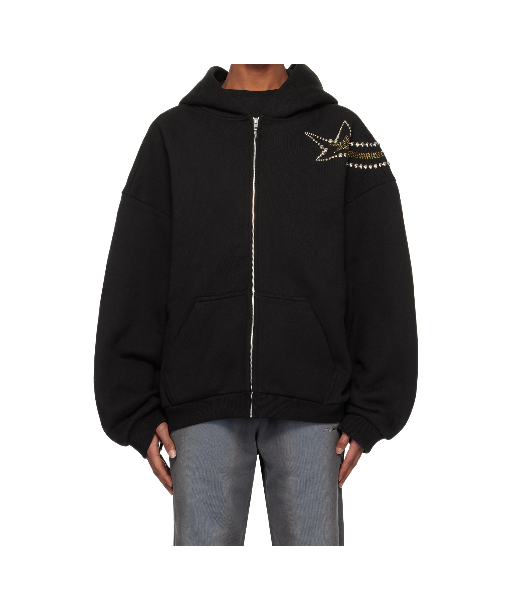 We11 Done Cotton Hoodie With Star Detail And Front Zipper In Black