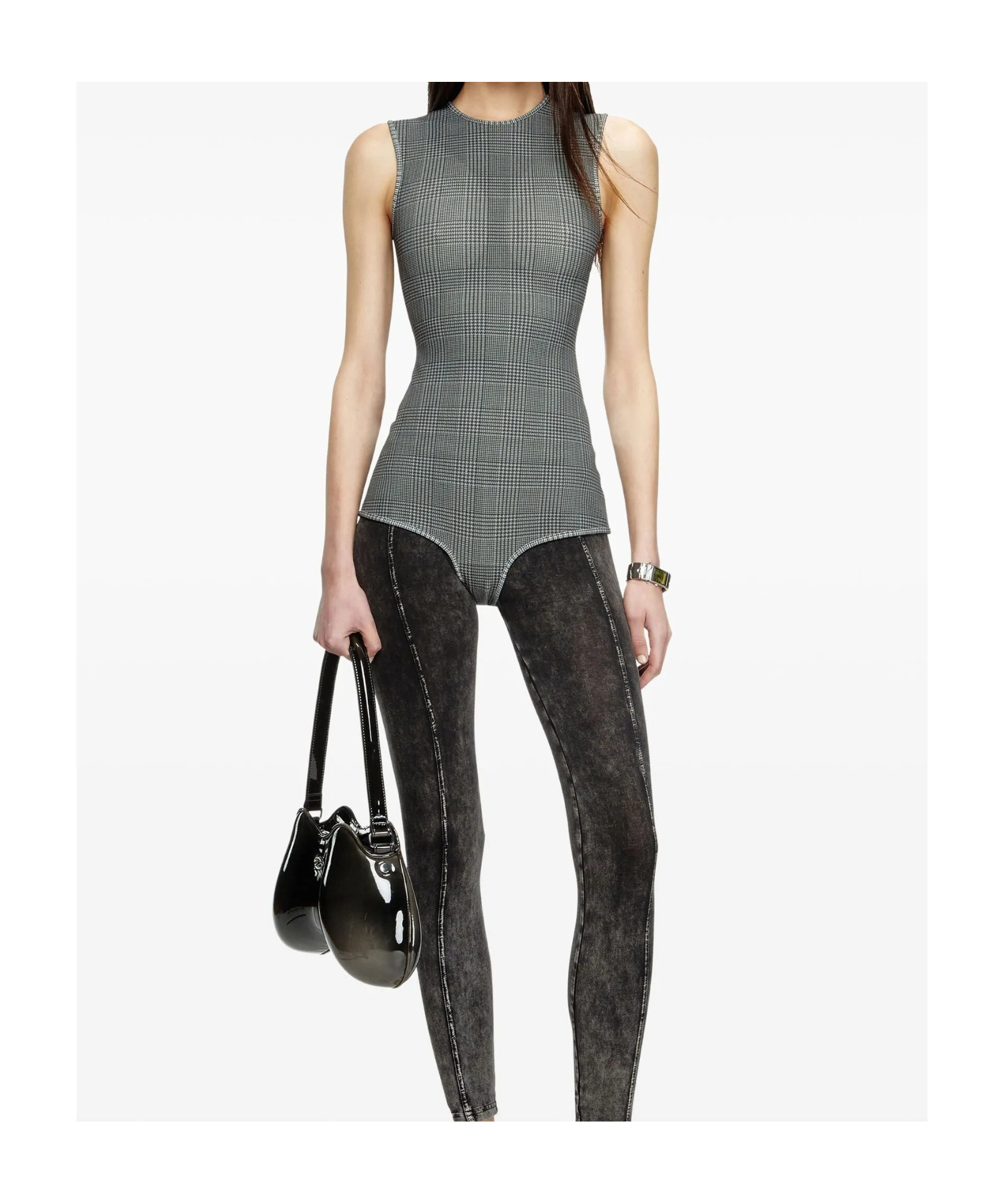 Diesel Bodysuit In Checked Bonded Jersey In Gray