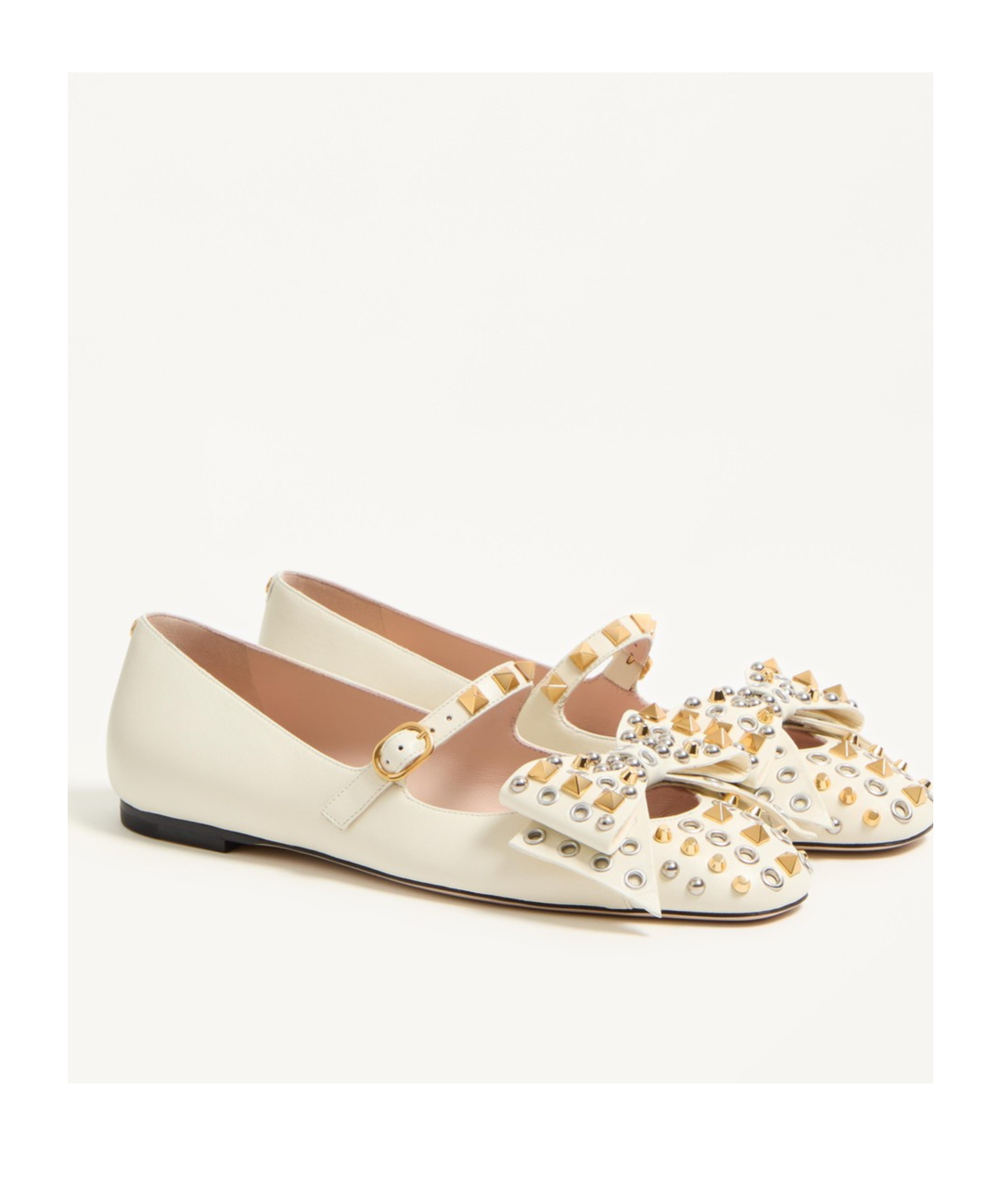 Valentino Mary-jane Bowow Ballerina In Kidskin With Studs In Ivory White