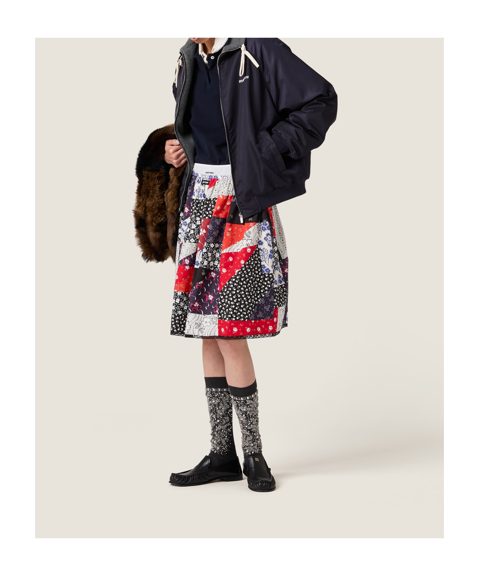 Miu Miu Technical Gazar And Fleece Bomber Jacket In Black