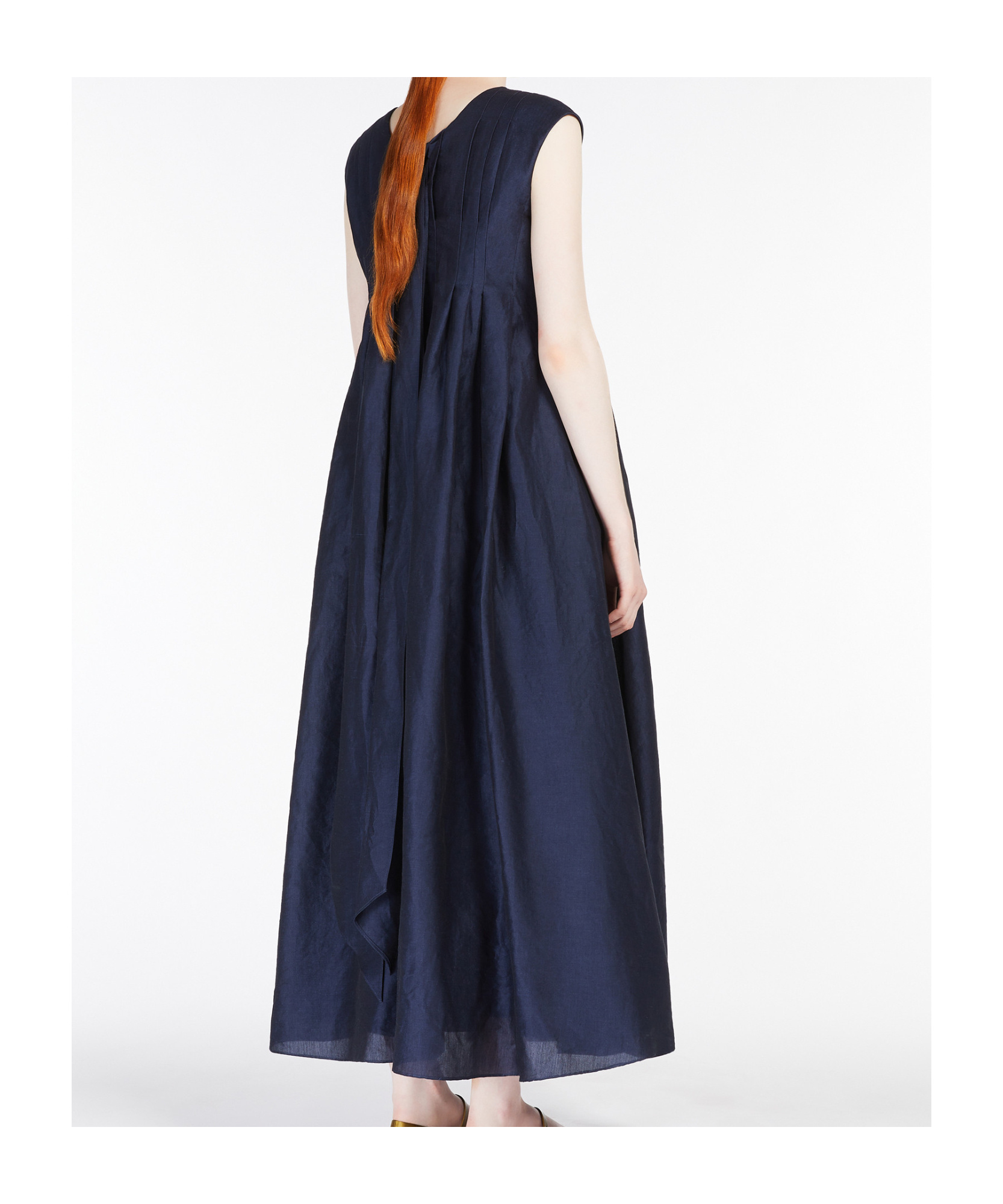 Max Mara Pleated Cotton And Ramie Dress In Navy